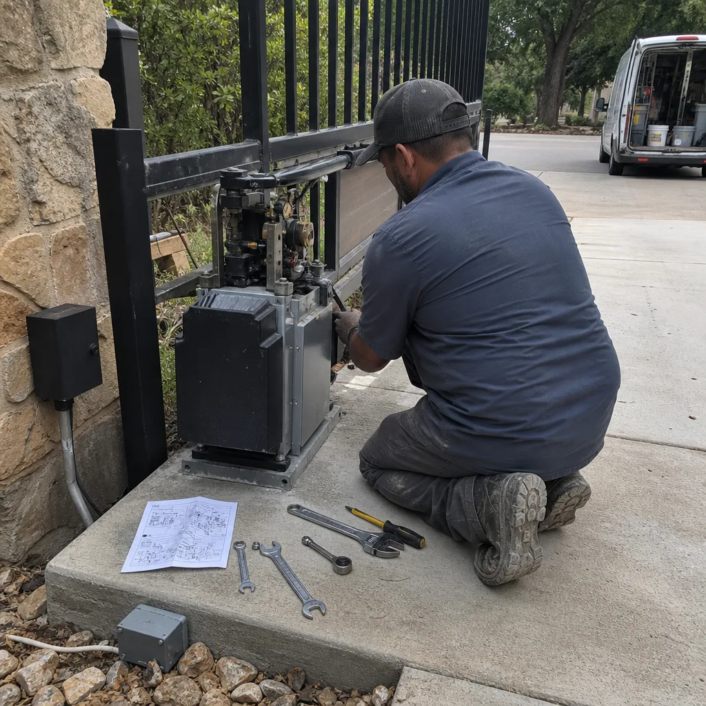 Technician performing professional electric gate repair and maintenance