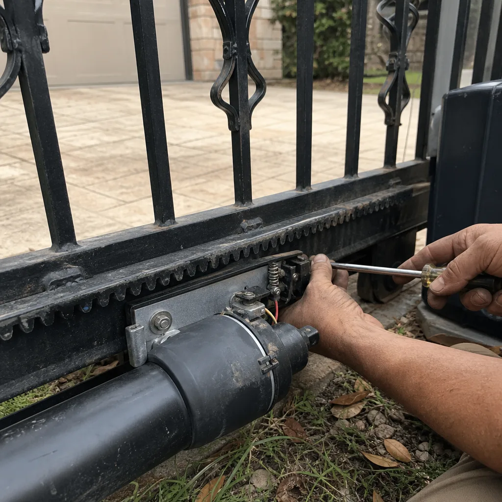 Technician performing professional electric sliding gate repair and maintenance