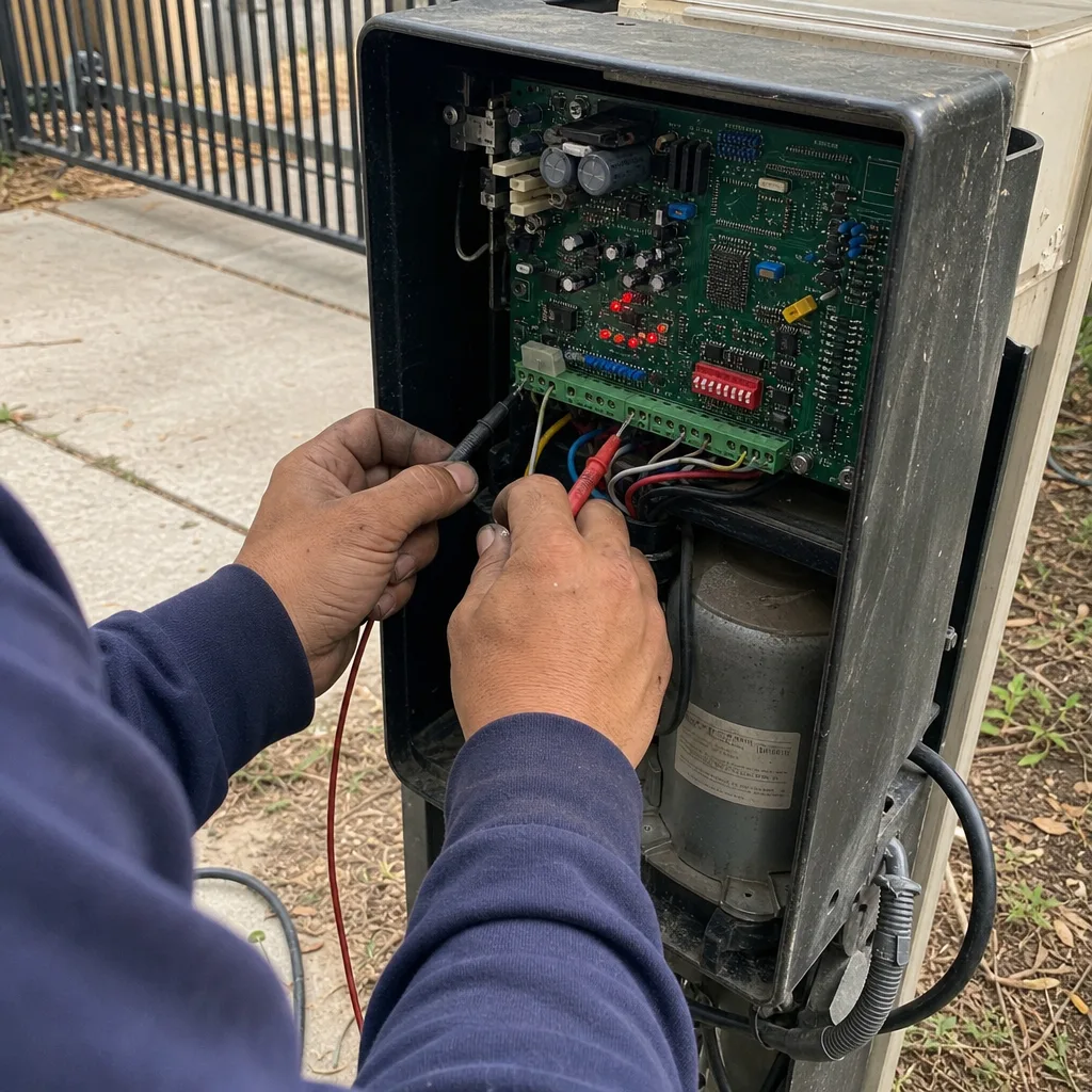 Technician using a multimeter to repair an electric gate control board