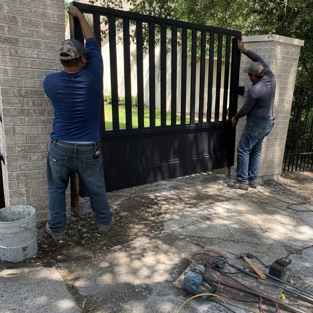 Two professionals installing a modern black metal driveway gate