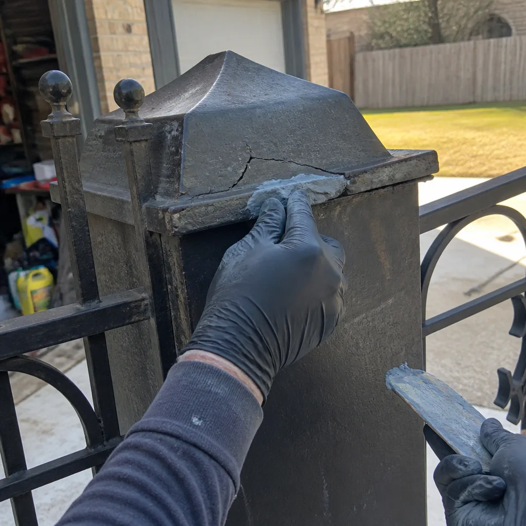 Professional applying epoxy filler to repair a metal gate post