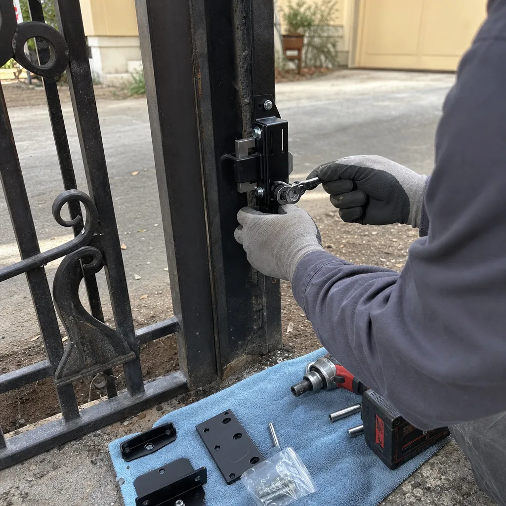 Technician repairing a black wrought iron gate latch